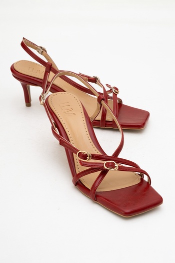 LuviShoes Chaka Red Buckle Square Toe Women's Heeled Sandals