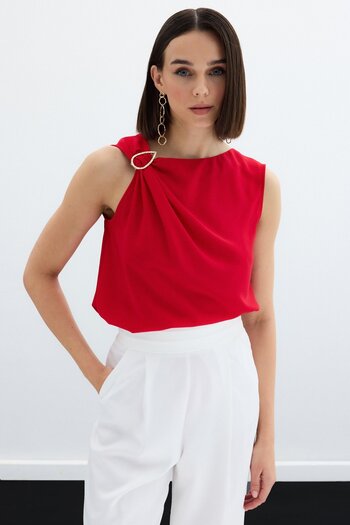 Sateen One Shoulder Detailed Blouse - Red