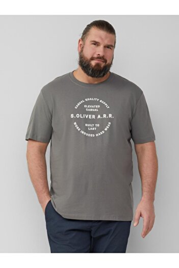 s.Oliver Big Sizes Men's big size T-shirt with scoop neck, logo print, Dark Grey