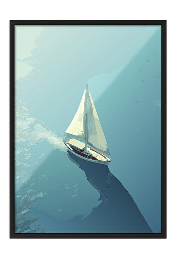 Postifull Black Framed Painting, Sailboat, Ocean, Flat Illustration, Blue Color Poster, 2025 Summer Selection, No:1