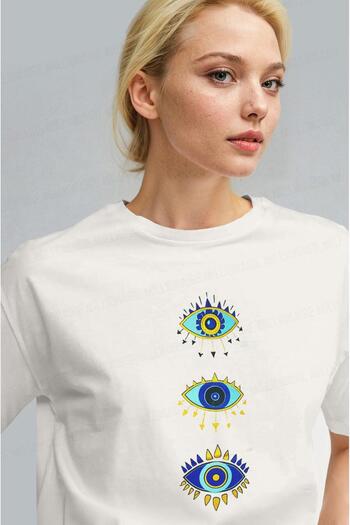 Millionaire Women's Ecru White Regular Evil Eye Print Fit Regular Fit T-Shirt