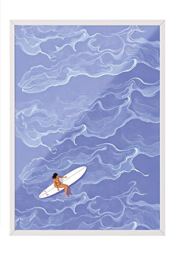 Postifull White Framed Poster Painting, Female Surfer, Illustration, Blue Color Poster, 2025 Summer Selection, No:109