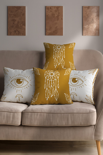 Hayal Dekoratif Bohemian Boho Dream Catcher Eye Pattern Καφέ Λευκό Χρώμα Μαξιλάρι καναπέ 4 τεμαχίων - Σετ μαξιλαριών ριχτάρι