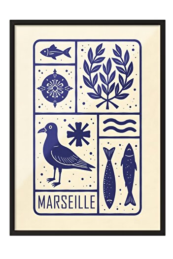 Postifull Black Framed Poster, Marseille, Illustration, Blue Color Poster, Summer Selection 2025, No:109572