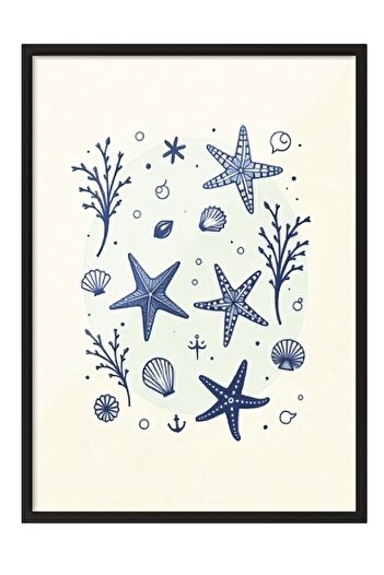 Postifull Black Framed Poster, Seashell, Illustration, Blue Color Poster, 2025 Summer Selection, No:109553