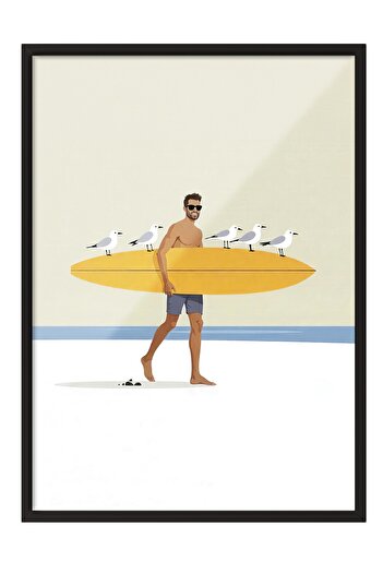 Postifull Black Framed Poster Painting, Birds and Surfer, Illustration, Yellow Color Poster, 2025 Summer Selection, No