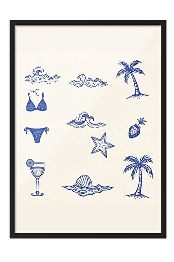 Postifull Black Framed Poster, Beach Atmosphere, Illustration, Blue Color Poster, 2025 Summer Selection, No:109554
