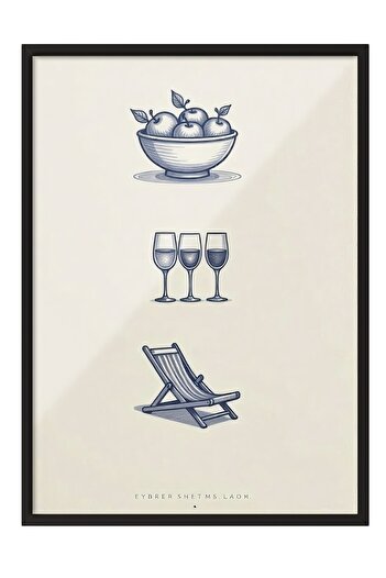 Postifull Black Framed Poster, Beach Atmosphere, Illustration, Blue Color Poster, 2025 Summer Selection, No:109568