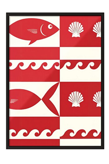 Postifull Black Framed Poster Painting, Fish and Shells, Illustration, Red Color Poster, 2025 Summer Selection