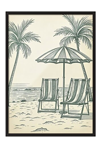 Postifull Black Framed Poster, Coastline, Illustration, Green Color Poster, 2025 Summer Selection, No:109543