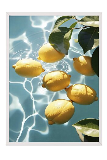 Postifull White Framed Poster, Lemons in Water, Photo, Blue Color Poster, 2025 Summer Selection, No:109697