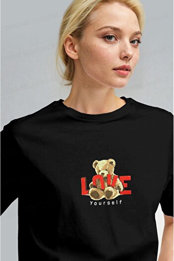 Millionaire Women's Black Love Teddy Bear Teddy Bear Print Regular Fit Regular Fit T-Shirt