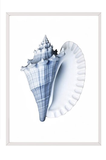 Postifull White Framed Painting, Blue Seashell, Illustration, Blue Color Poster, 2025 Summer Selection, No:10974