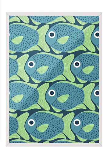 Postifull White Framed Painting, Green Fish, Illustration, Green Color Poster, 2025 Summer Selection, No:109738