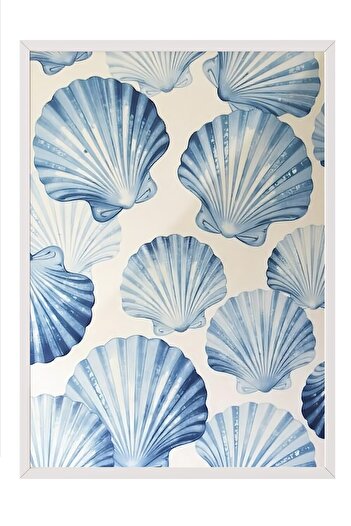 Postifull White Framed Poster, Seashells, Illustration, Blue Color Poster, 2025 Summer Selection, No:109678