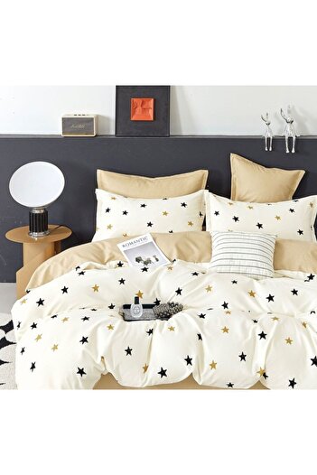 PRO JAAD BUSINESS CONCEPT Double Bed Sheet Set for 2 People, 6 pieces, 230 x 200 cm, Cream - Beige, Stars