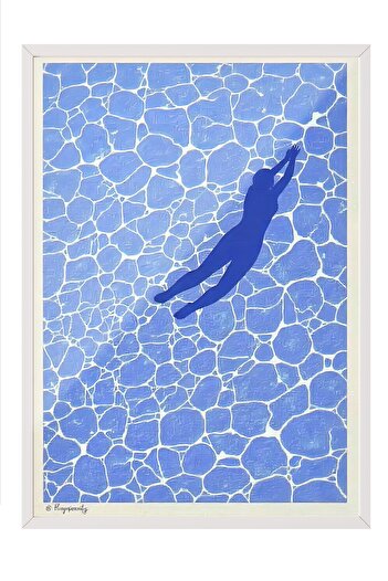 Postifull White Framed Painting, Floating Woman Shadow, Illustration, Blue Color Poster, 2025 Summer Selection, No:109