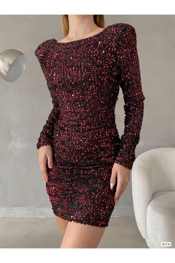Modafeminen Back Detailed Shoulder Padded Sequin Mini Dress Red 582730