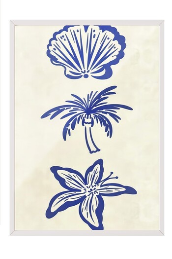 Postifull White Framed Painting, Seashell, Palm and Flower, Illustration, Blue Color Poster, 2025 Summer Selection