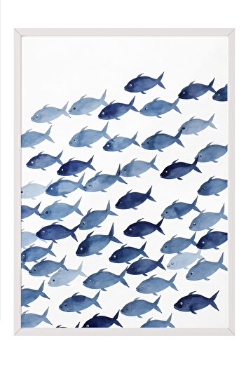 Postifull White Framed Painting, Fish Group, Illustration, Blue Color Poster, 2025 Summer Selection, No:109747