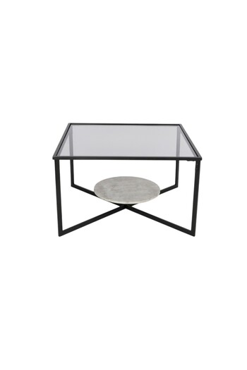 mr-everything A square coffee table with a bold, modern design, combining a black glass top, a gray lower shelf, and a black metal base.