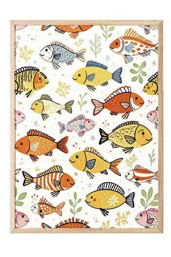 Postifull Wooden Framed Painting, Fish Group, Illustration Maximalist, Yellow Color Poster, 2025 Summer Selection, No: