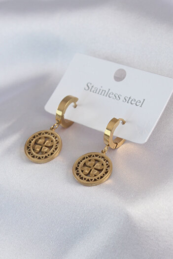 Toptan Bulurum 316L Steel Gold Color Heart Model Processing Detail Women's Earrings