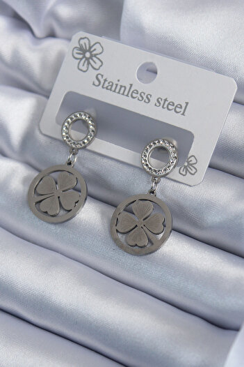 Toptan Bulurum 316L Steel Silver Color Zircon Stone Clover Model Embroidered Detail Women's Earrings