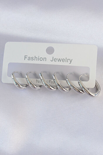 Toptan Bulurum Brass Silver Color Oval Earring Set