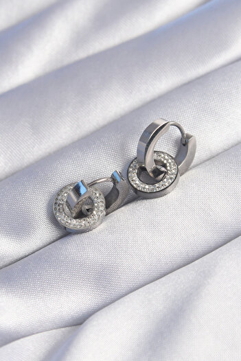 Toptan Bulurum 316L Steel Silver Color Zircon Stone Intertwined Oval Earrings