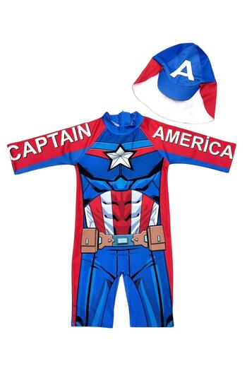 Şekerkids Boy's Blue Color Captain Man Patterned Sun Protection Trench Hat Zippered Jumpsuit Swimsuit