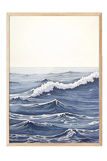 Postifull Wooden Framed Painting, Big Sea Waves, Illustration, Blue Color Poster, 2025 Summer Selection, No:1