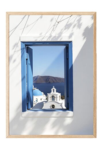 Postifull Wooden Framed Poster, Greek Island Facing Window, Photo, Blue Color Poster, 2025 Summer Selection, N