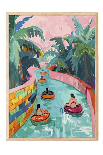 Postifull Wooden Framed Painting, People, River, Inflatable Boats, Acrylic Painting, Pastel Tones, Multicolor Color Pos