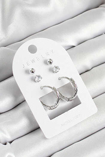 Toptan Bulurum Silver Color 3-Piece Double Women's Earring Set with Brass Zircon Stone and Ring Figure