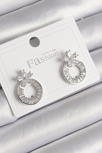 Toptan Bulurum Brass Silver Color Zircon Stone Hoop Model Flower Figure Women's Earrings
