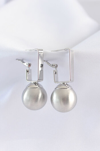 Toptan Bulurum Brass Silver Color Rectangular Detail Oval Earrings
