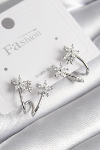 Toptan Bulurum Brass Silver Color Zircon Stone Flower Model Women's Earrings