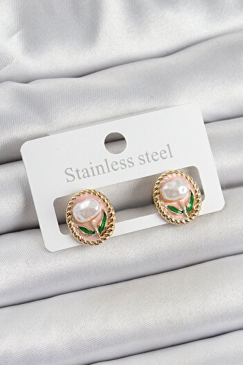 Toptan Bulurum Brass Pink Enamel Tulip Figured Artistic Portrait Model Gold Color Women's Earrings