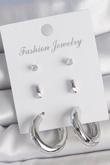 Toptan Bulurum Brass Silver Color Zircon Stone Detail Hoop Model 3 Pair Women's Earring Set