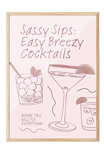 Postifull Wooden Framed Painting, Cocktails, Text, Illustration, Minimalist, Pink, Pastel Tones Color Poster