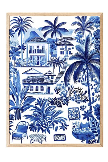 Postifull Wooden Framed Painting, House, Palm Trees, Plants, Watercolor, Illustration, Blue, White Color Post