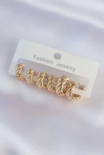 Toptan Bulurum Brass Gold Color Minimal Serrated Earring Set
