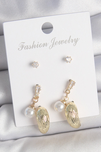 Toptan Bulurum Brass Gold Color Zircon Stone Pearl Dangle Embroidered Drop Model 3 Pair Women's Earring Set