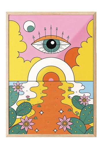 Postifull Wooden Framed Painting, Eye of the Sun, Illustration Maximalist, Yellow Color Poster, 2025 Summer Selection, No