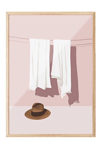 Postifull Wooden Framed Painting, Hat, Towel, Minimalist, Flat Illustration, Pastel Tones, White Color Poster,