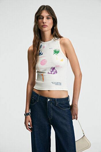 GRIMELANGE Roffie Women's Crew Neck Thick Strap Front Print Detailed Crop Ecru Tank Top