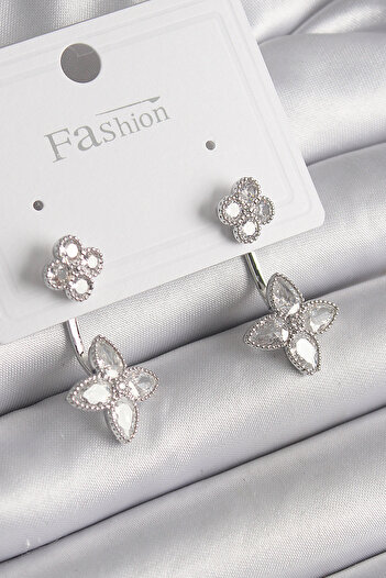 Toptan Bulurum Brass Silver Color Zircon Stone Clover Model Women's Earrings