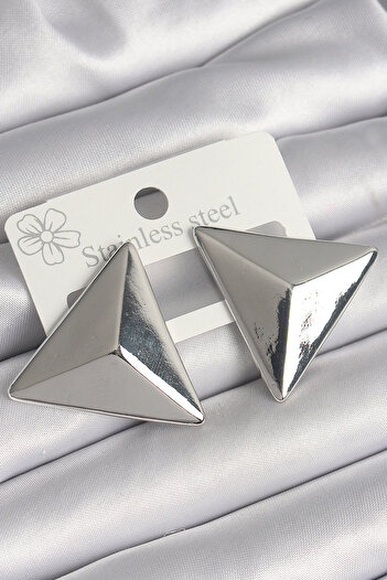 Toptan Bulurum Brass Silver Color 3D Triangle Model Women's Earrings