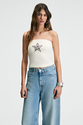 GRIMELANGE Tirae Women's Strapless Front Printed Slim Ecru Bustier